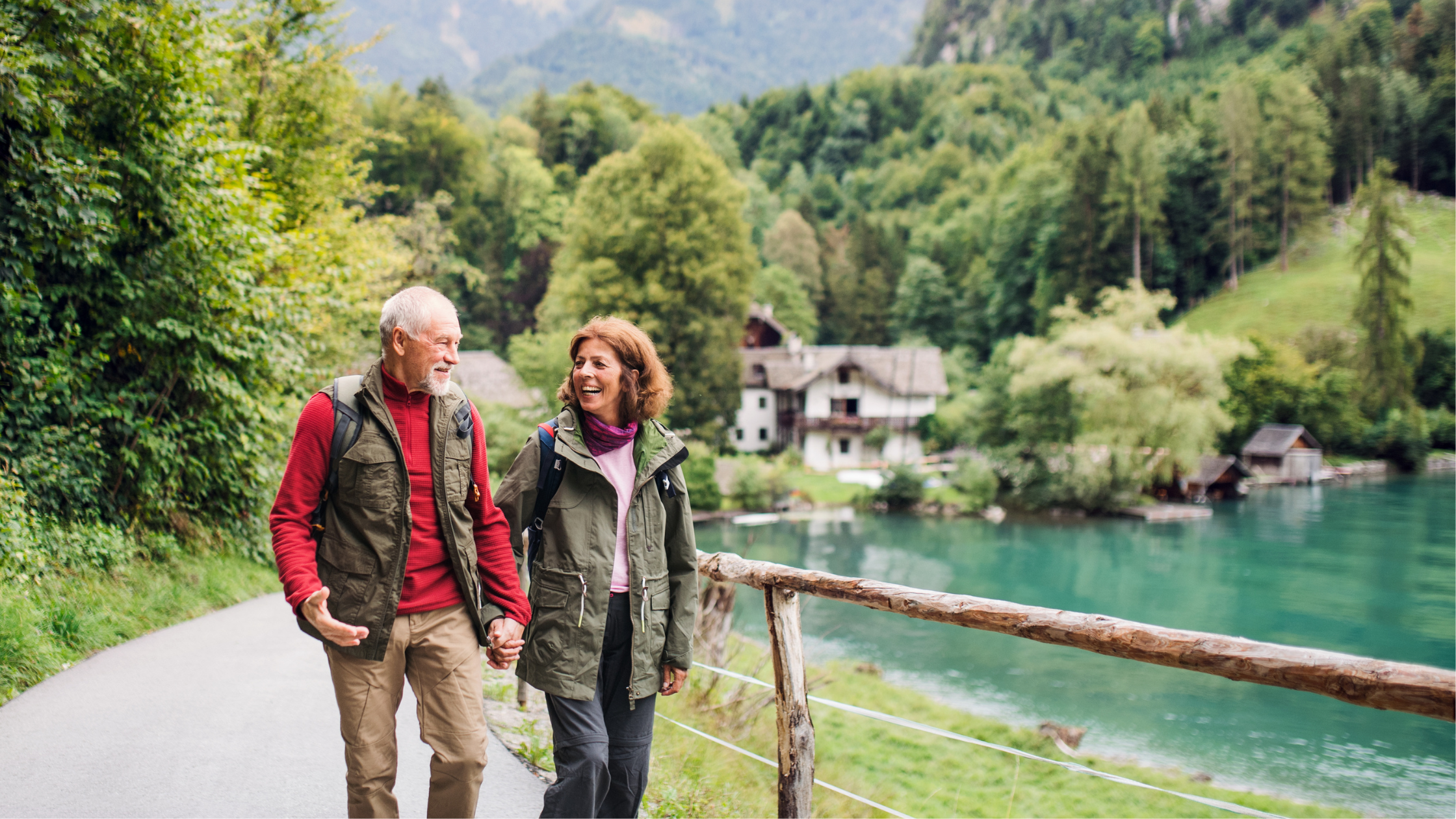 Seniors on holiday and walking